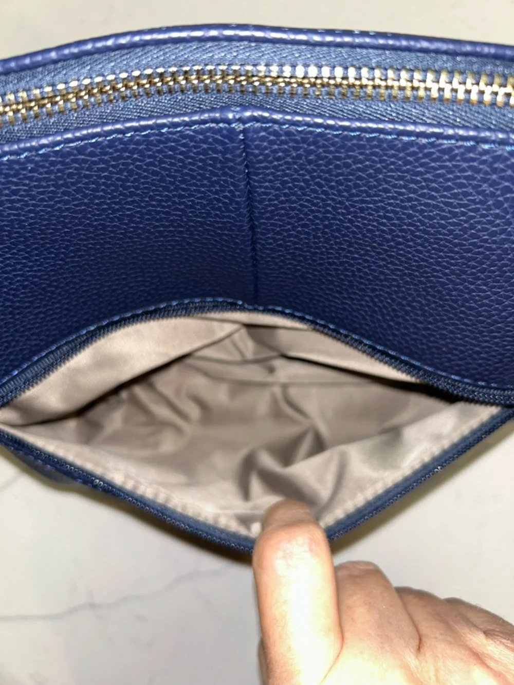 Bostanten Pebbled Navy Shoulder Bag with Gold Charm